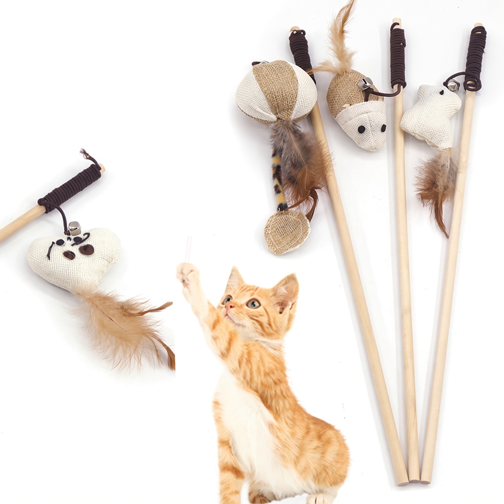 Burlap Mouse Wooden Stick Cat Teaser Wand
