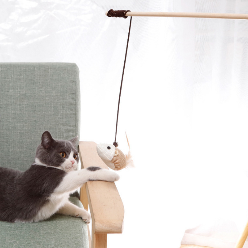 Burlap Mouse Wooden Stick Cat Teaser Wand