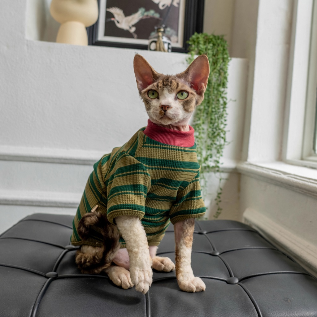 Waffle Stripe Mock-Neck Cat Tee